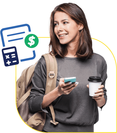 a woman wearing a grey sweater and tan backpack holding a phone and coffee cup looks over her shoulder with a slight smile