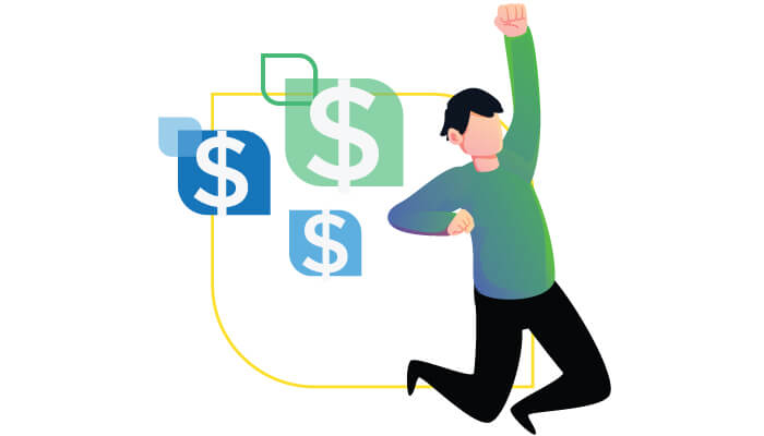 illustration of a man jumping in the air with dollar signs behind him