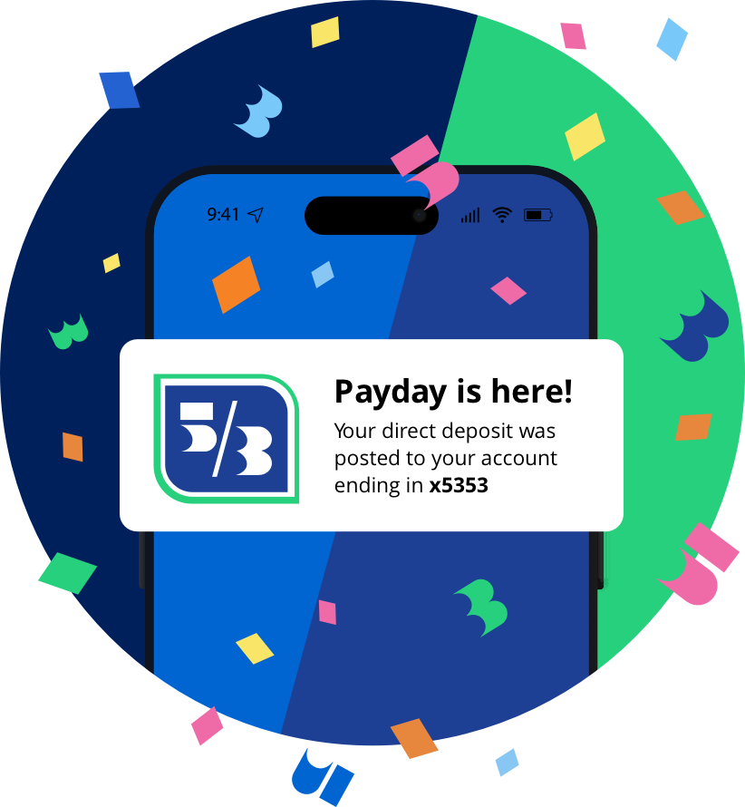 a graphic of a phone with confetti and a notification that says payday is here
